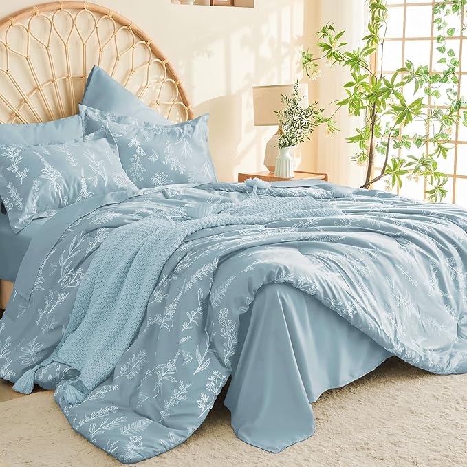 MUXHOMO Mineral Blue Bed in a Bag Queen 7 Pieces, Queen Comforter Set Reversible Botanical Flowers Design, Ultra Soft & Breathable Bedding Sets with Comforter, Sheets, Pillowcases & Shams