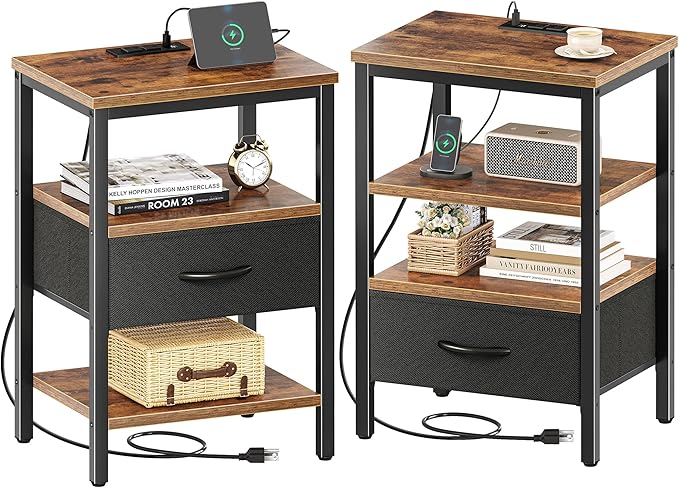 SUPERJARE Nightstand Set of 2, Bed Side Tables with Charging Station, Adjustable Fabric Drawer, Night Stand for Bedroom, 3-Tier Storage End Tables, for Living Room, Rustic Brown and Black