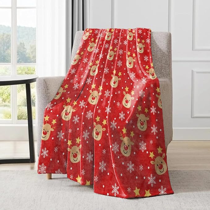 Cute Reindeer Christmas Decorative Throw Blanket, Snowflake Print Decoration, Soft Flannel Winter Red Blankets for Couch Bed Sofa, Holiday Home Decor, Xmas Festival Gifts 50x60 Inch