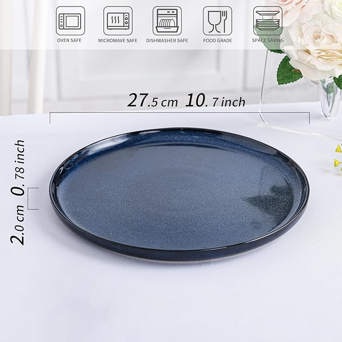 Dinner Plates Set of 4: Ceramic 10.7 Inch Handmade Reactive Glaze Stoneware Plates for kitchen, Modern Dinnerware Plates, Microwave & Dishwasher Safe, Scratch Resistant (Blue)