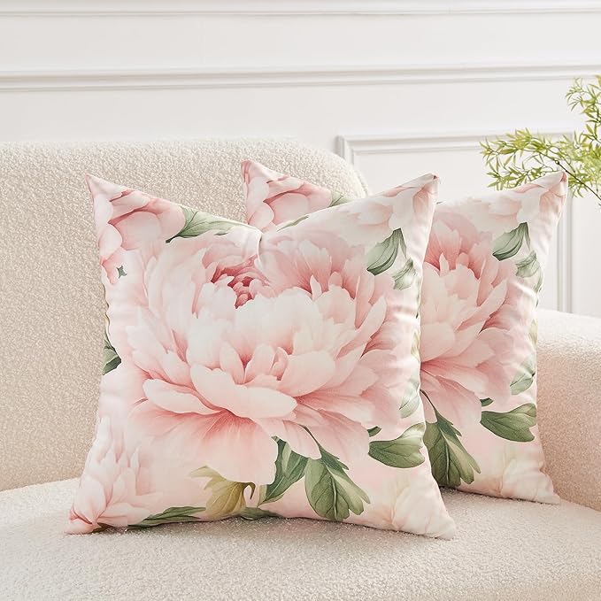 Pink Floral Throw Pillow Covers 20x20 Set of 2, Decorative Peony Flower Cushion Cases, Soft Plush Pillow Covers for Farmhouse Sofa Couch Bed Home Decor