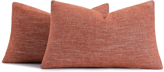 decorUhome Fall Chenille Decorative Throw Pillow Covers 12x20 Set of 2, Lumbar Farmhouse Textured Neutral Solid Accent Pillow Covers for Couch Sofa Bed Living Room Home Decor, Rust