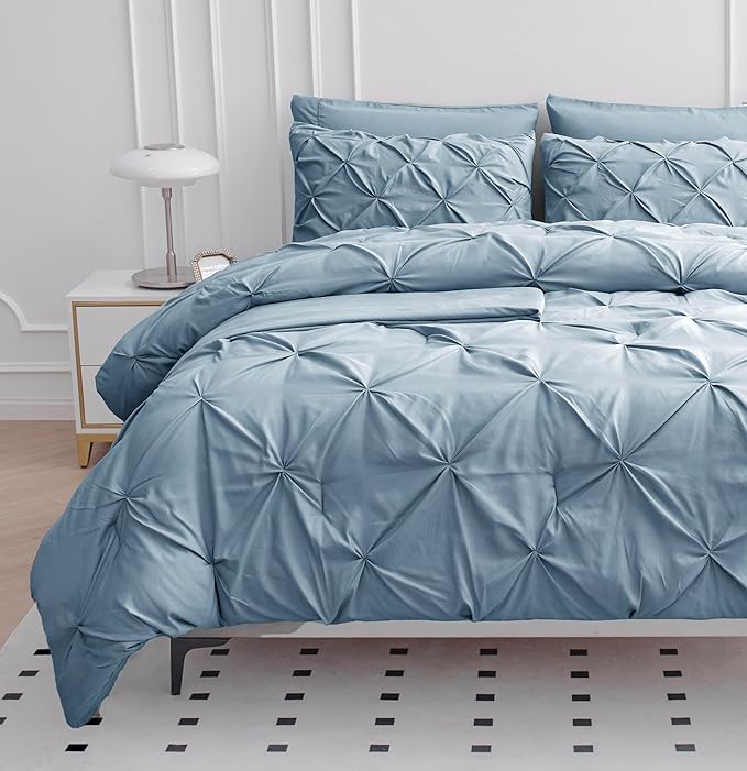LANE LINEN Twin Comforter Set, 5 Piece Twin Bedding Sets for Boys, Pintuck Twin Size Bed Set, Pinch Pleated Twin Bed in a Bag Set, Twin Bed Comforter Set with Sheets, Pillowcase & Sham - French Blue