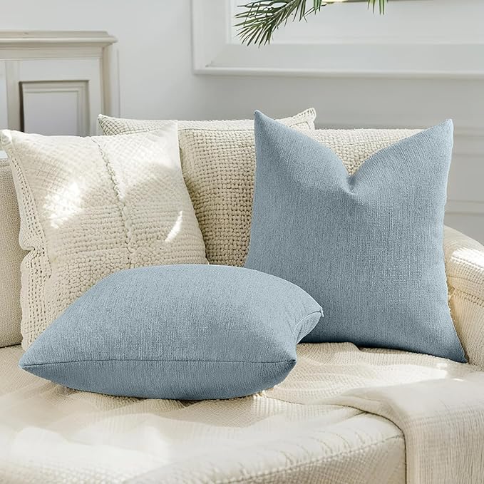 HAUSSY Denim Blue Throw Pillow Covers 24x24 Inch Set of 2,Boho Decorative Faux Linen Throw Pillows Cozy Farmhouse Accent Cushion Covers,Home Decor for Couch Sofa Bed Living Room