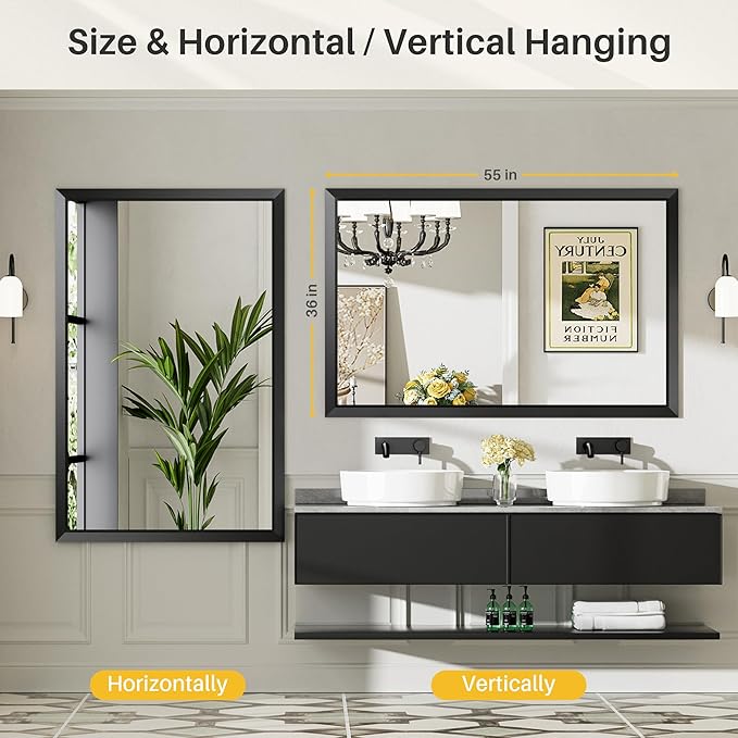 55x36 Inch Black Bathroom Mirror for Wall, Thick Metal Framed Rectangle Mirrors for Over Sink, Bedroom, Living Room, Entryway, Anti-Rust, HD Tempered Glass
