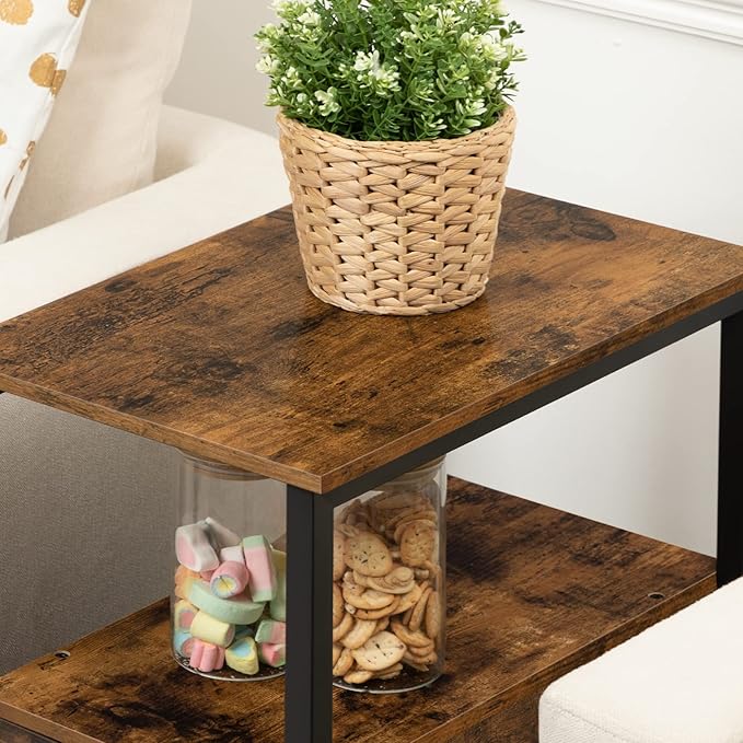 HOOBRO End Table, Narrow Chairside Table with Drawer and Open Storage Shelf, Nightstand for Small Spaces, Stable and Sturdy Construction, Wood Look Accent Furniture, Rustic Brown and Black BF548BZ01G2