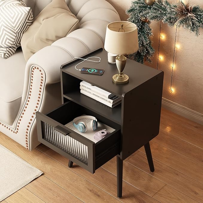 Mid Century Modern Nightstand with Charging Station, Bedside Tables with Glass Drawer, End Table Side Table with 2 Tiers Storage Space, for Bedroom, Living Room, Black