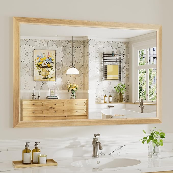 48x32 Inch Bathroom Mirror for Wall, Anti-Rust Oak Wood Grain Metal Framed Bathroom Mirrors for Over Sink,Rectangler Mirrors for Bathroom Vanity, Farmhouse, Bedroom, Living Room, Entryway Decor