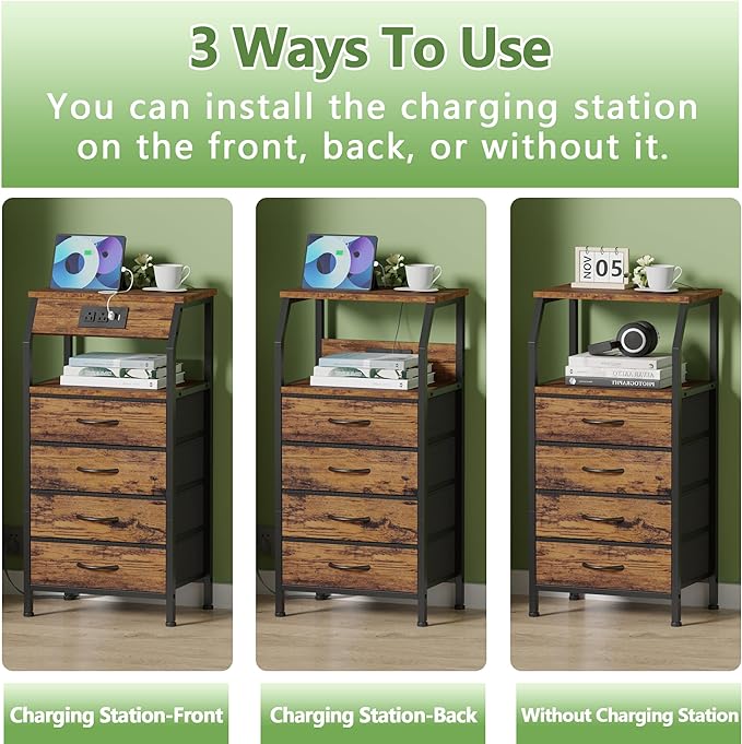 Furnulem Night Stand with Charging Station, Small Dresser with 4 Fabric Drawers, 33.3 Inch Tall Bedside Table, Storage Tower for Closet, Entryway, Bedroom Furniture, 3 Ways to Use, Rustic Brown