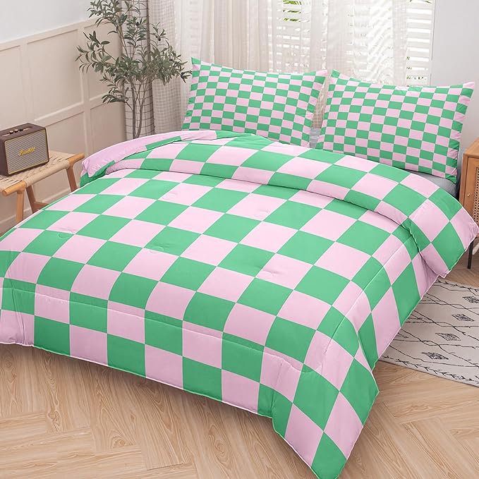 Tailor Shop Green Pink Plaid Comforter Sets Twin Women Men Green Checkerboard Grid Bedding Boys Girls Modern Grass Checkered Geometric Quilts Aesthetic Room Decor with 1 Pillowcases……