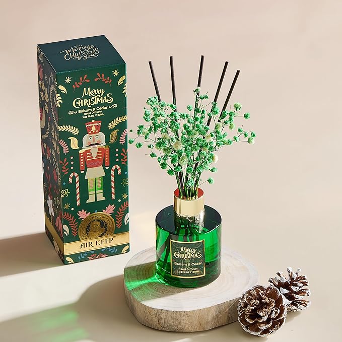Airkeep Christmas Reed Diffuser Set,3.38 fl oz (100 ml) Reed Diffuser - Balsam&Cedar Oil Diffusers with 8 Reed Sticks, Home Fragrance Reed Diffuser for Bathroom Shelf Decor