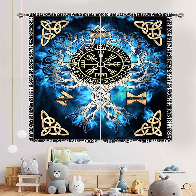 Tree of Life Curtains, Vikings Celtic Nordic Life Tree Scandinavian Aesthetic Mythology Blue Window Drapery Treatments for Bedroom Living Room Bathroom 2 Panels, 42"x63" Inch