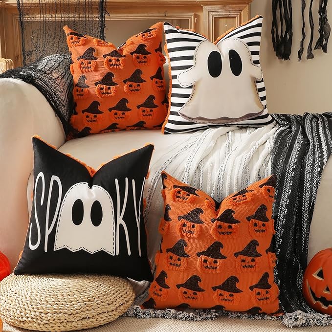TOYPOPOR Halloween Decorations, 2 Packs Double Sided Ghost Pillow Covers, Soft Fur Throw Pillow Cases Indoor outdoor Pumpkin Couch Cushion Case for Fall Autumn Bedroom Living Room Home Decor 16''x16''