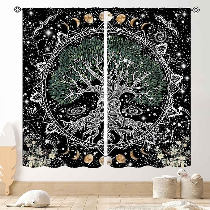 Life Tree Curtains, Hippie Sun Moon Trippy Tree of Life Bohemian Mandala Aesthetci Mystic Witchy Blackout Window Drapery Treatments for Bedroom Living Room Bathroom Decor, 52"x84" Inch