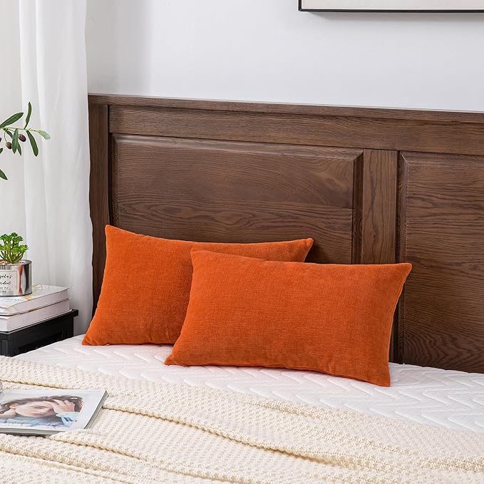 GAWAMAY Lumbar Pillow Decorative Rectangle Throw Pillow Covers 12"x20" Inch Set of 2, Super Soft Chenille Pillowcase for Living Room Bedroom Sofa Couch Cushion Cover Burnt Orange 30x50cm (ONLY COVERS)