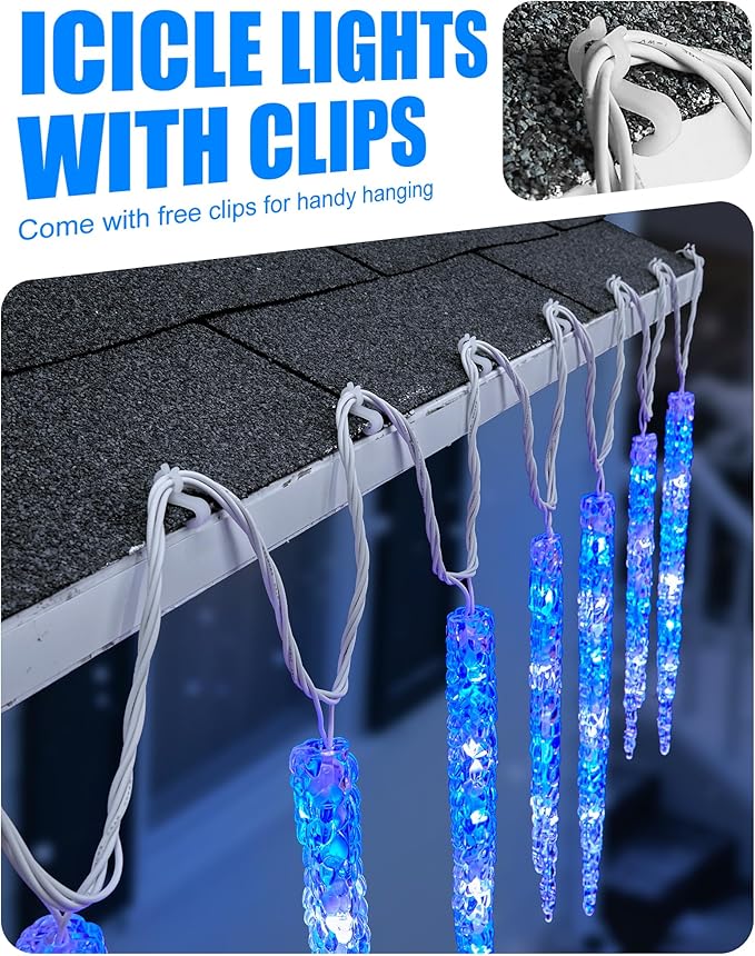 Minetom Icicle Lights Outdoor with Clips, 2 Pack Total 40ft 200 LED 40 Tubes Twinkling Connectable Hanging Ice Shape Christmas String Lights Plug in for Eave Holiday Outdoor, Blue and White