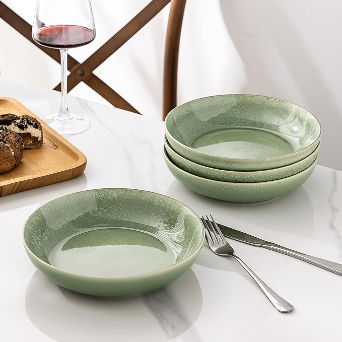 AmorArc 8.5'' Large Ceramic Pasta Bowls Set, 36oz Stoneware Bowls Set of 4 for Kitchen, Reavtive Glaze Bowls-Microwave,Dishwasher Safe for Pasta,Salad,Oatmeal-Olive Green