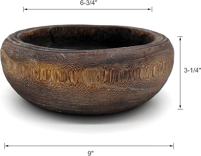CVHOMEDECO. Primitives Solid Wood Functional and Collectible Bowl Vintage Round Hand Carved Wooden Bowl Rustic Treenware Artworks for Serving Nuts Snacks Fruits or Accent Decor, 9 Inch