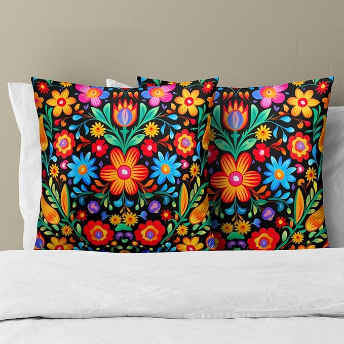 Mexican Flowers Throw Pillow Covers - Mexico Pillow Covers 16x16 Set of 2 Colorful Floral Pillowcase Botanical Blossom Cushion Case for Sofa Couch Outdoor Porch