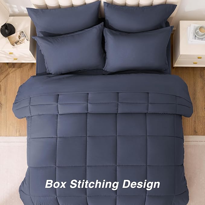 Love's cabin Queen Comforter Set Indigo Blue, 7 Pieces Queen Bed in a Bag, All Season Bedding Sets with 1 Comforter, 1 Flat Sheet, 1 Fitted Sheet, 2 Pillowcase and 2 Pillow Sham