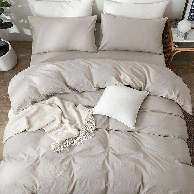 MooMee Bedding Duvet Cover Set 100% Washed Cotton Linen Like Textured Breathable Durable Soft Comfy (Heathered Cream Grey, Oversized Queen 98"x98")