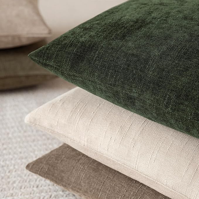 Foindtower Pack of 2 Textured Chenille Throw Decorative Pillow Covers Square Accent Solid Cushion Cover Neutral Farmhouse Lumbar Pillow Case for Couch Sofa Bedroom Living Room 12x20 Inch,Dark Green