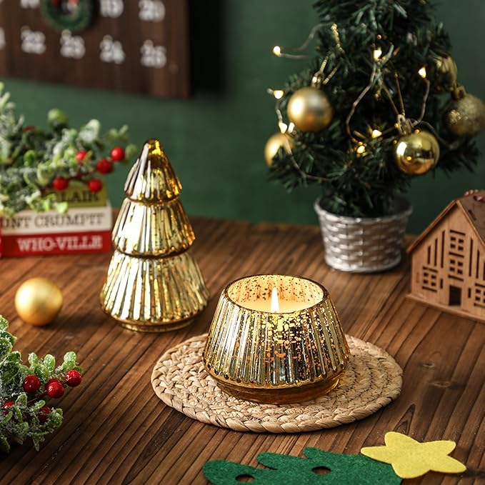 Christmas Tree Shaped Candle, Christmas Tree Scented Candles Gift, Tower Shaped Mercury Xmas Tree Candles, Winter Xmas Table Decorations Gold Tree Candle, 8oz
