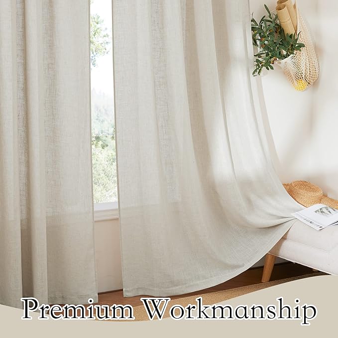 RYB HOME Linen Sheer Curtains - Semi Sheer Privacy Drapes for Bedroom Living Room Kitchen Bathroom Cafe Window Decor, Angora, 52 inch Width x 90 inch Length, 1 Pair