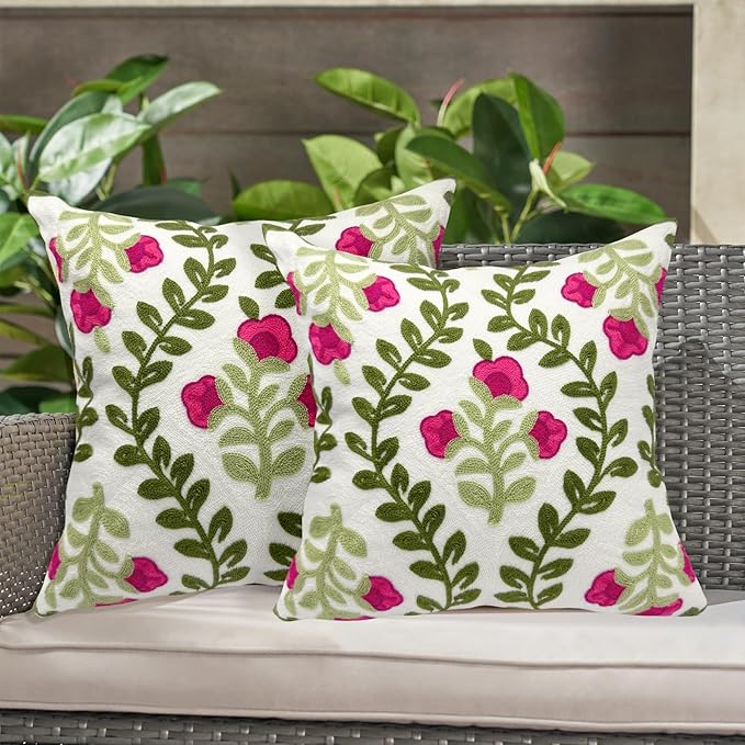 Alysheer Floral Embroidered Summer Decorative Throw Pillow Covers 20"x 20" Set of 2, Farmhouse Cottage Hot Pink Flowers Green Leaves Knit Pattern Cotton Canvas Cushion Case for Couch Bed Living Room