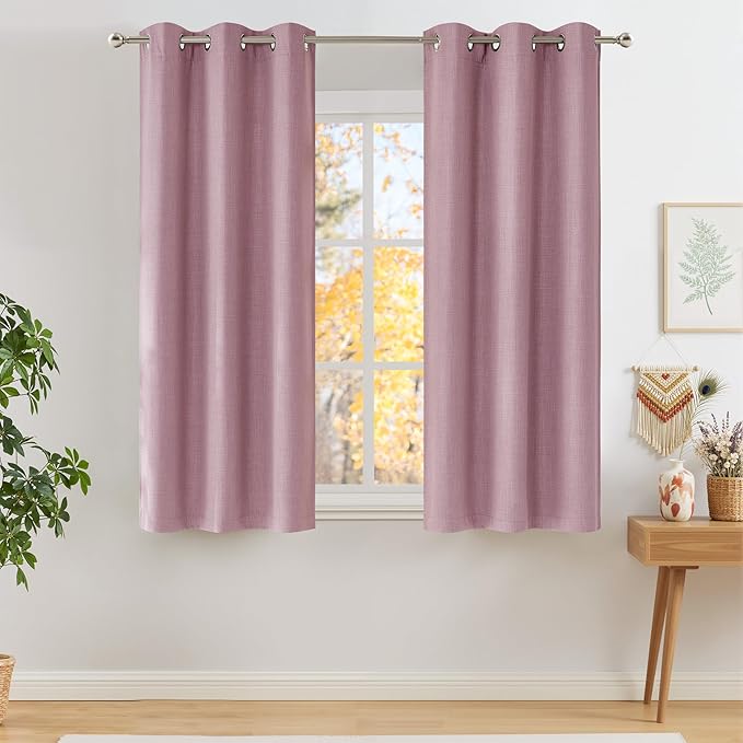 NICETOWN Short Faux Linen Pink Blackout Curtains 63 inches Long for Kitchen - Privacy Panels for Living Room Bedroom, Modern Farmhouse Style Easy Care Grommet Top, 2 Panels, W42 by L63