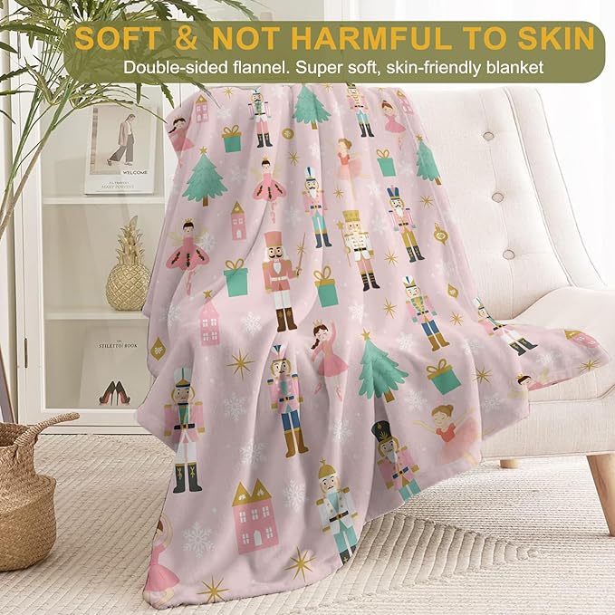 Christmas Decorative Blanket, Nutcracker Fairy and Tree Print Throw Decoration, Soft Flannel Winter Blankets for Couch Bed Sofa, Holiday Home Decor, Xmas Festival Gifts Pink 50x60 Inch