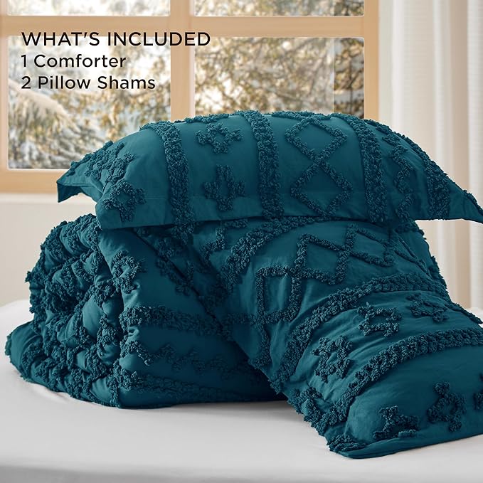 Bedsure Tufted Boho Comforter Set Queen Size - Teal Boho Bed Set, GentleSoft 3 Pieces Farmhouse Shabby Chic Embroidery Bedding, Gifts for Woman, Soft Jacquard Queen Comforter for All Seasons