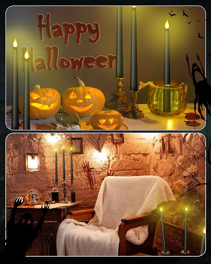 Funtery 48 Pcs Black Flameless Taper Candles 11 Inch Halloween Battery Operated Candles Bulk LED Candlesticks Flickering for Halloween Party Indoor Decoration