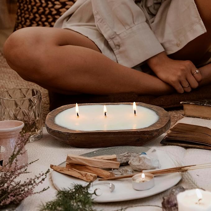Dough Bowl Candle Co. Warm Cinnamon Buns Soy Candle - 6 Wick Rustic Farmhouse Coffee Table Decor, Odor Eliminator in Wooden Bowls, 32 Oz Wooden Dough Bowl Candle, All-Natural Gifts for Women and Men