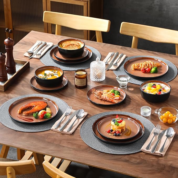 vancasso Plates and Bowls Sets, 18 Pieces Stoneware Dinnerware Sets for 6, Kitchen Dish Set Mircowave and Dishwasher Safe Dinner Set Ceramic Dishware, Brown, Series AMBER