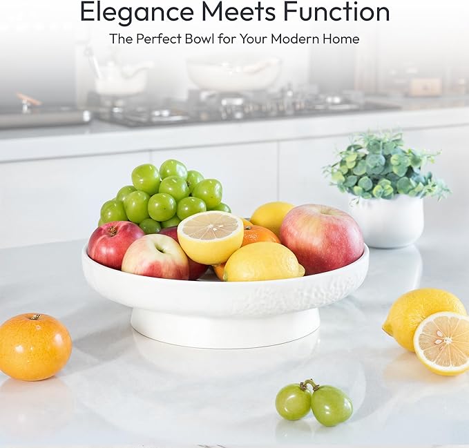 Granite Inspired Matte White Fruit Bowl | Wide, Shallow Textured Pedestal Bowl | 11 Inch Unique Centerpiece for Table or Decor for Entryway Table