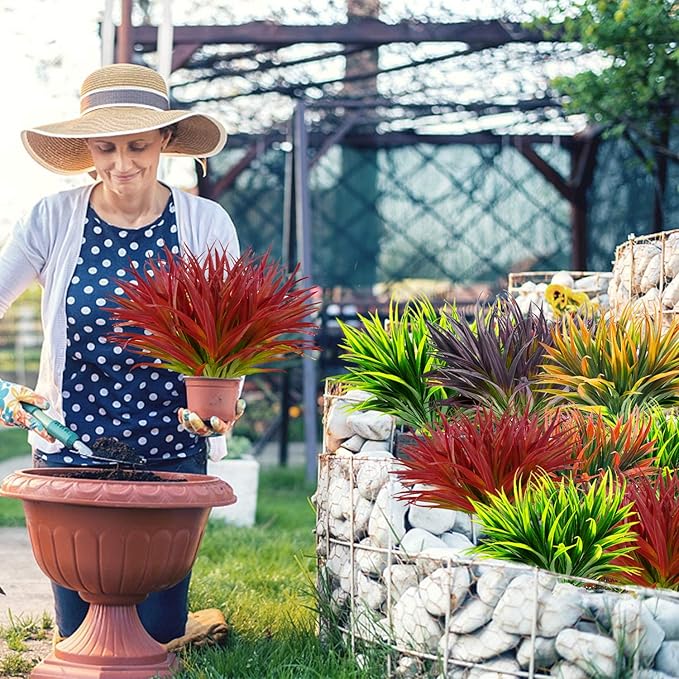 12 Pcs Artificial Outdoor Plants UV Resistant Tall Fake Grass Plants Bushes Faux Tropical Flowers Décor Fall Winter Summer Planters Patio Front Door Porch Plastic Greenery & Shrubs Decoration