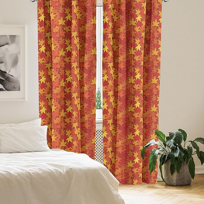 Ambesonne Orange Window Curtain Panels 4 Pack, Colorful Autumn Fall Season Maple Leaves in Unusual Designs Nature Print, Lightweight Set with Rod Pocket, 4 Panels of 28" x 95", Burnt Orange