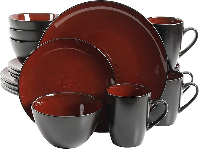 Gibson Elite Soho Lounge Round Reactive Glaze Stoneware Dinnerware Set, Service for Four (16pcs), Red