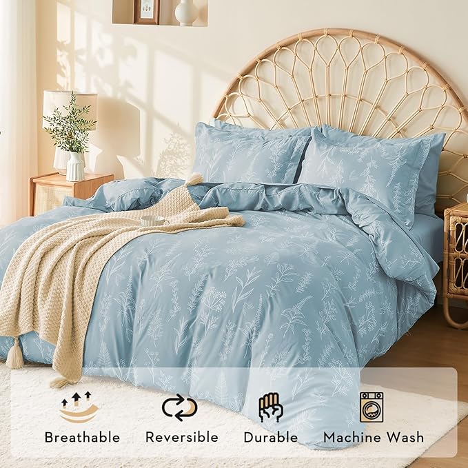 MUXHOMO Mineral Blue Bed in a Bag Queen 7 Pieces, Queen Comforter Set Reversible Botanical Flowers Design, Ultra Soft & Breathable Bedding Sets with Comforter, Sheets, Pillowcases & Shams