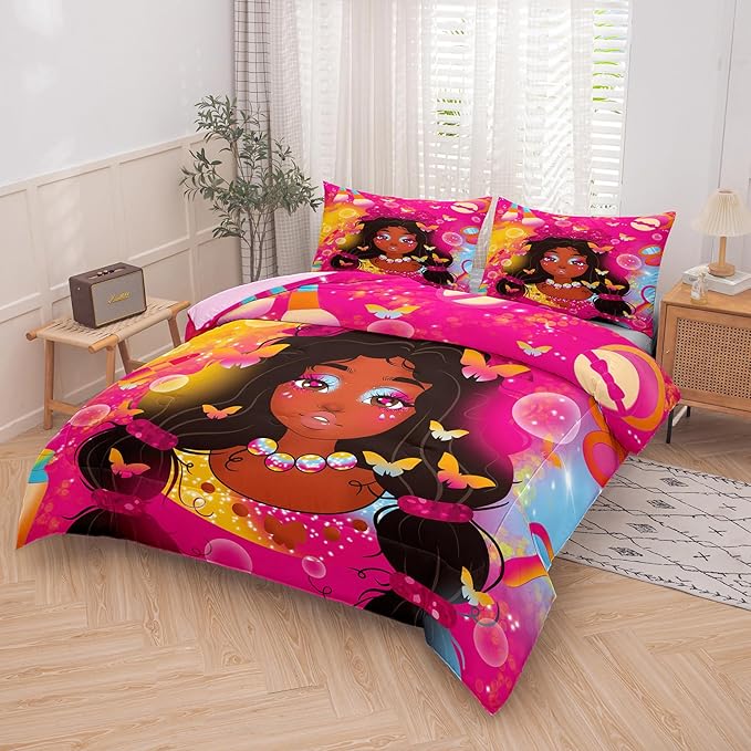 Tailor Shop Kawaii Black Girl Comforter Set King Bedding Sets for Girls Fantasy Magic Cosmetic Pink Comforter African American Black Girl Bedding Set Girls Room Decor with 2 Pillowcases