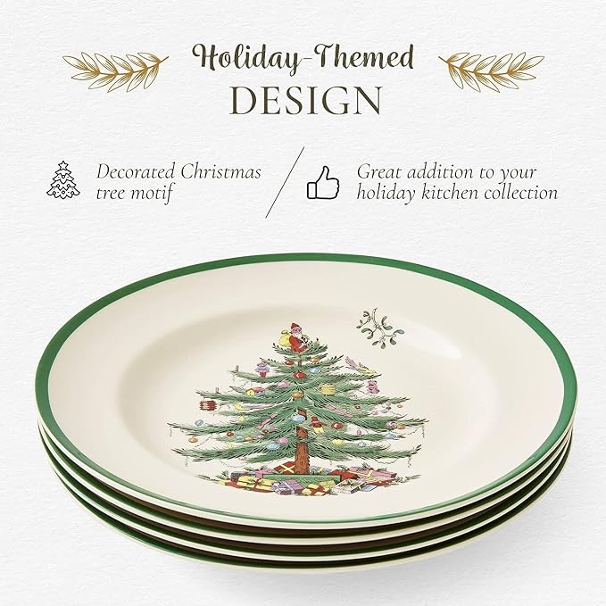 Spode Christmas Tree 10.5" Dinner Plate (Set of 4) - Festive Holiday Stoneware Plate with Christmas Tree & Green Borders, Microwave, Dishwasher, Freezer & Oven Safe - Holiday Tableware