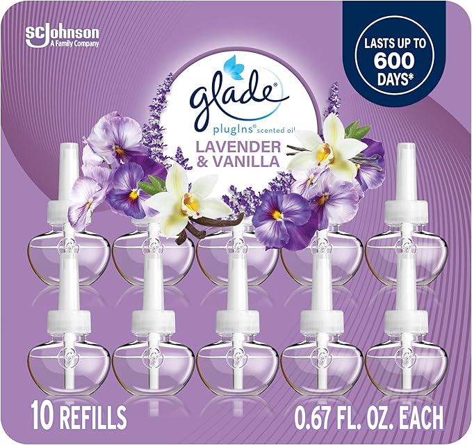 Glade PlugIns Refills Air Freshener, Scented and Essential Oils for Home and Bathroom, Lavender & Vanilla, 6.7 Fl Oz, 10 Count (Packaging May Vary)