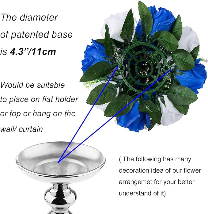 BLOSMON Royal Blue White Flowers: 2 Pcs Fake Roses Flower Balls Centerpiece for Wedding Table - Artificial Silk Kissing Bouquet Floral Arrangement for Home Party Event Decor