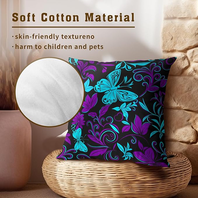 Teal Purple Butterfly Pillow Covers - Butterflies Throw Pillow Covers Floral Pillowcases Flowers Cushion Cover for Sofa Bedroom Patio 20x20 Inch