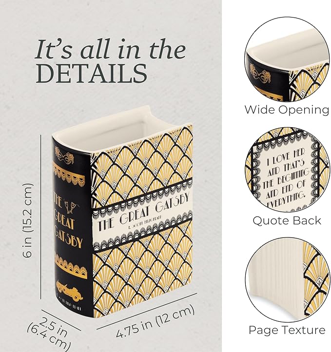 Steel Mill & Co Original Book-Shaped Decorative Vase, Ceramic Vases for Home Decor, Cute Bookshelf Decor, Unique Vase for Book Lovers (Small - Great Gatsby)