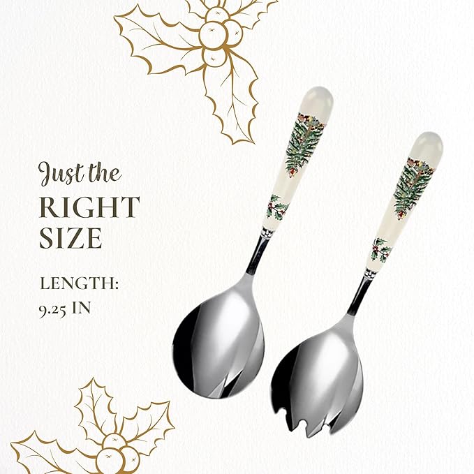 Spode Christmas Tree Salad Server Set (2-Piece) - 10 Inch Stainless Steel with Porcelain Handles, Festive Flatware for Holiday Dining - Dishwasher Safe, Seasonal Entertaining & Gift-Giving