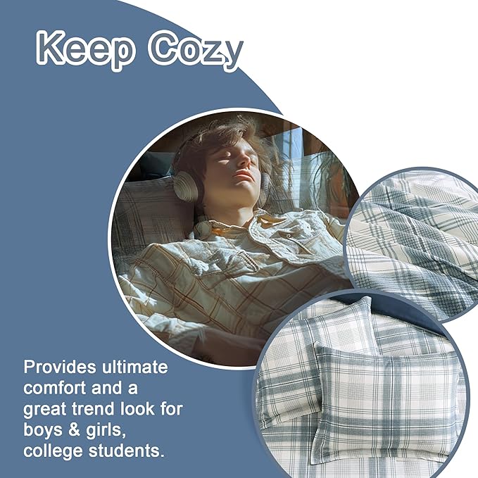 Plaid Queen Comforter Set, Blue Grey Bedding Set 7 Piece for Boys Girls Teen, Classic Homestead-Style Kids Comforter Set Bed in A Bag with Sheets, Pillowcases & Shams