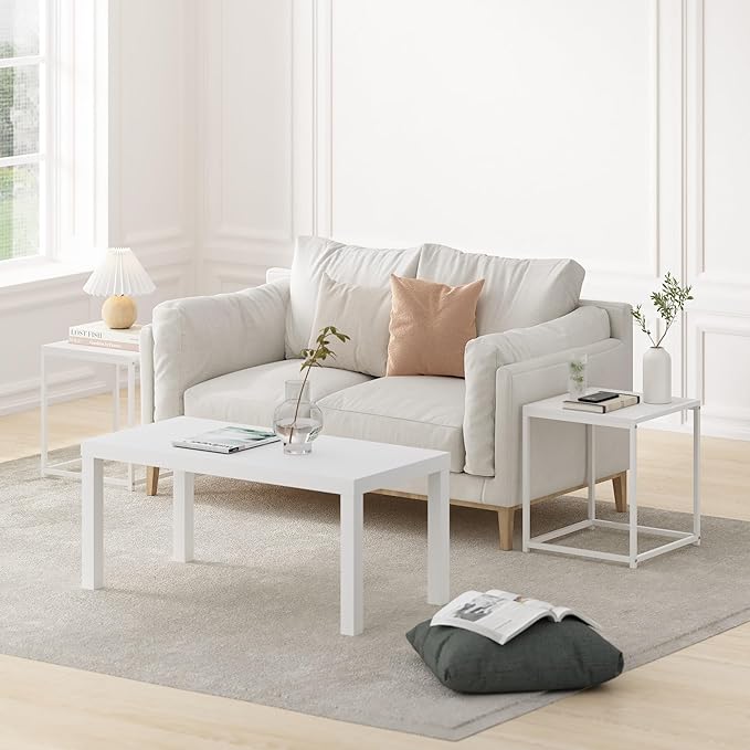 Furinno CAMNUS Side Table Set of 2, Metal Frame End Table, Night Stand, Bedside Table, for Living Room, Bedroom, Solid White