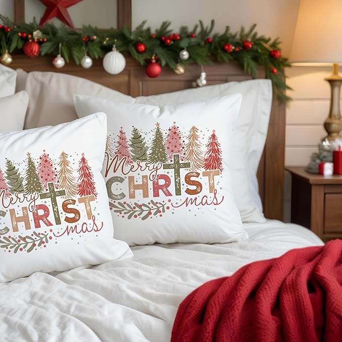 Christian Christmas Pillow Covers 18x18, Retro Christmas Trees Cross Decorative Pillow Covers for Couch, Christian Christmas Decor, Christmas Decorations for Living Room Bedroom Home